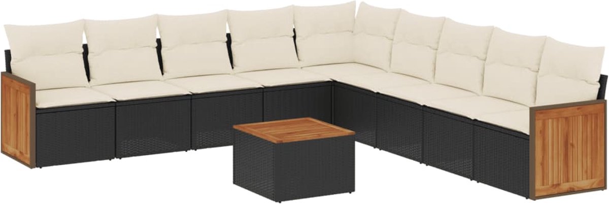The Living Store 10-delige Loungeset met kussens poly rattan zwart - Loungebank - Lounge Set - Tuinbank - Buitentijdbanken - Outdoor Furniture