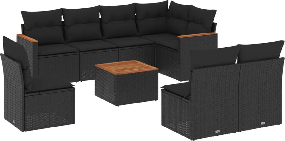 The Living Store 9-delige Loungeset met kussens poly rattan zwart - Loungeset - Tuinmeubels - Lounge Set - PE-rattan - Outdoor Furniture