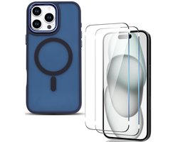 Hoesje Geschikt Voor Apple iPhone 16 Pro Max - Geschikt Voor MagSafe - Matte TPU Backcover - 2 Screenprotectors - Blauw - Ar202