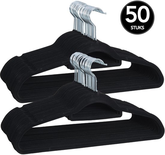 Infinity Goods 50 Kledinghangers Fluweel - Kleerhanger met Anti-Slip - Broekhanger - Metalen Haak - Volwassenen - 50 Stuks - Zwart