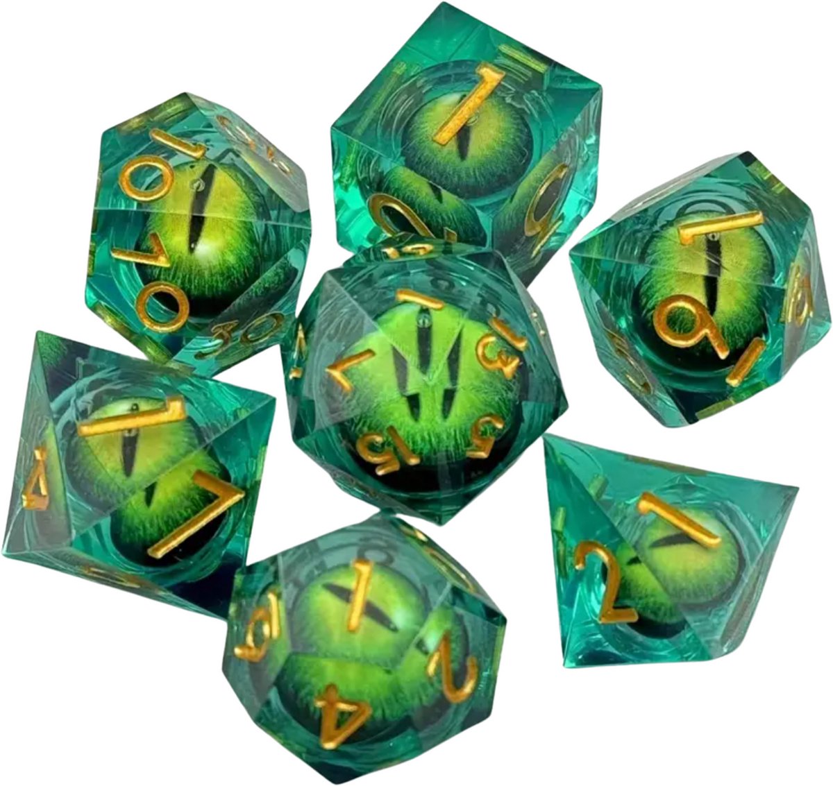 Joya Dice® Polydice Dobbelsteen set geschikt voor rollenspellen zoals Dungeons and Dragons D&D DnD | Dobbelstenen Set | Dice set | Resin 7 stuks set | Incl Luxe Opbergdoos | Groen met Oog in de Stenen