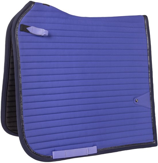 Paars zadeldek met horizontale banen en lussen. Donkerblauwe bies.