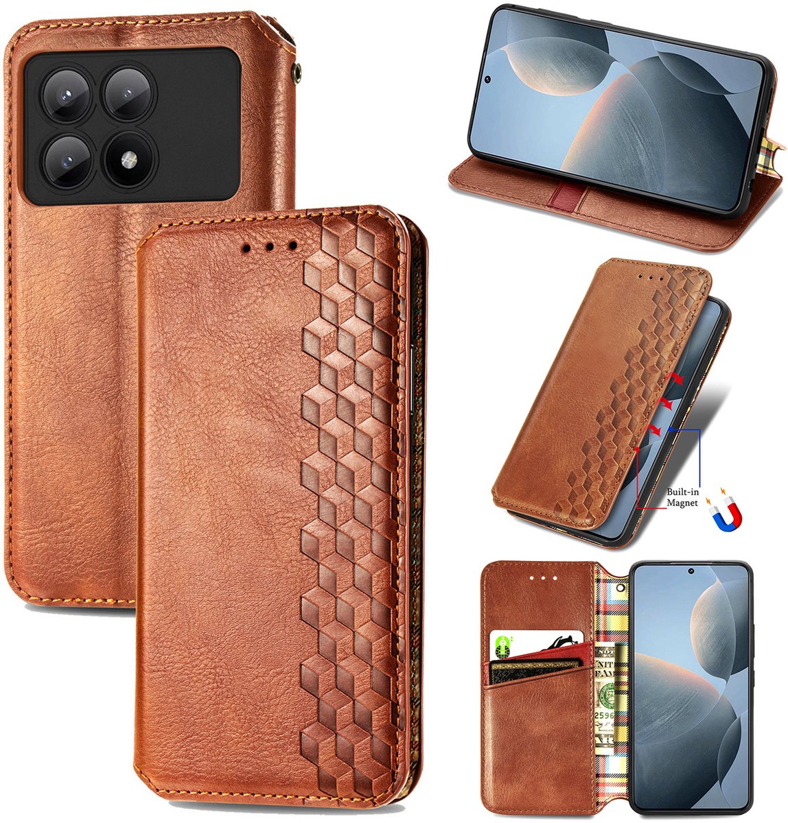 Luxe PU Lederen Ruitpatroon Wallet Case + Screenprotector voor Xiaomi Poco X6 Pro _ Bruin