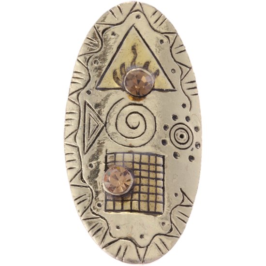 Goudkleurige ring met ovalen steen en bohemien symbolen: driehoek, spiraal, raster.