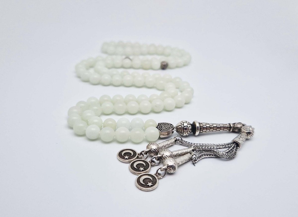 Handgemaakte tesbih "Tasbih" natuursteen "Maan licht" - Aantal kralen 99 - Diameter kralen 8MM - met metaal tassel "Vlag van Turkije" - Een mooi cadeau-idee
