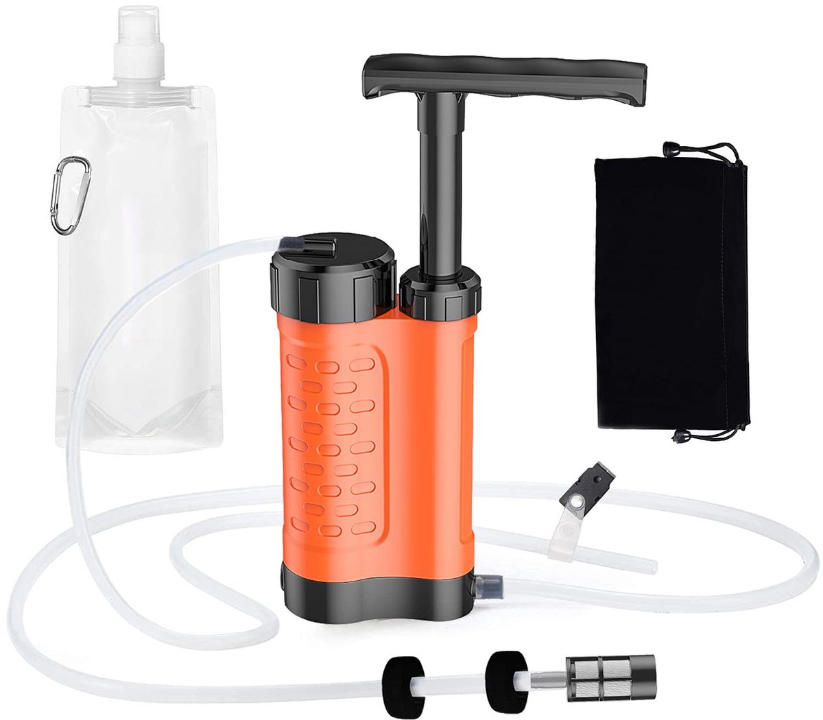 Waterfilterpomp - Waterzuiveringspomp - Waterfiltersysteem - Waterfilter - Overlevingsuitrusting - Noodpakket - 0,01 micron 5-traps waterfilter - Survival Kit - voor buiten - kamperen, wandelen, backpacken (Oranje)
