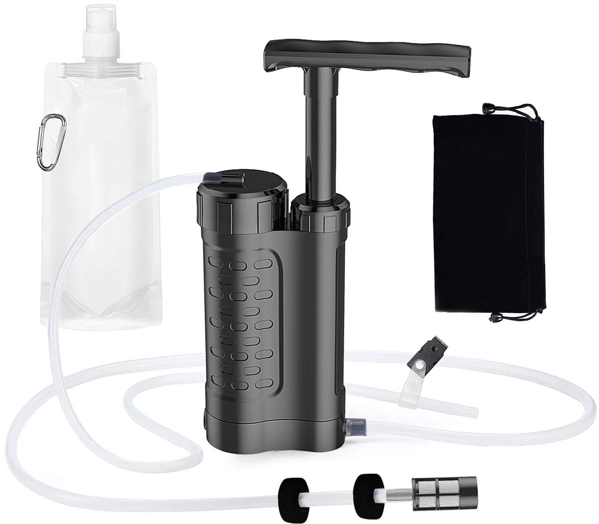 Waterfilterpomp - Waterzuiveringspomp - Waterfiltersysteem - Waterfilter - Overlevingsuitrusting - Noodpakket - 0,01 micron 5-traps waterfilter - Survival Kit - voor buiten - kamperen, wandelen, backpacken (Zwart)