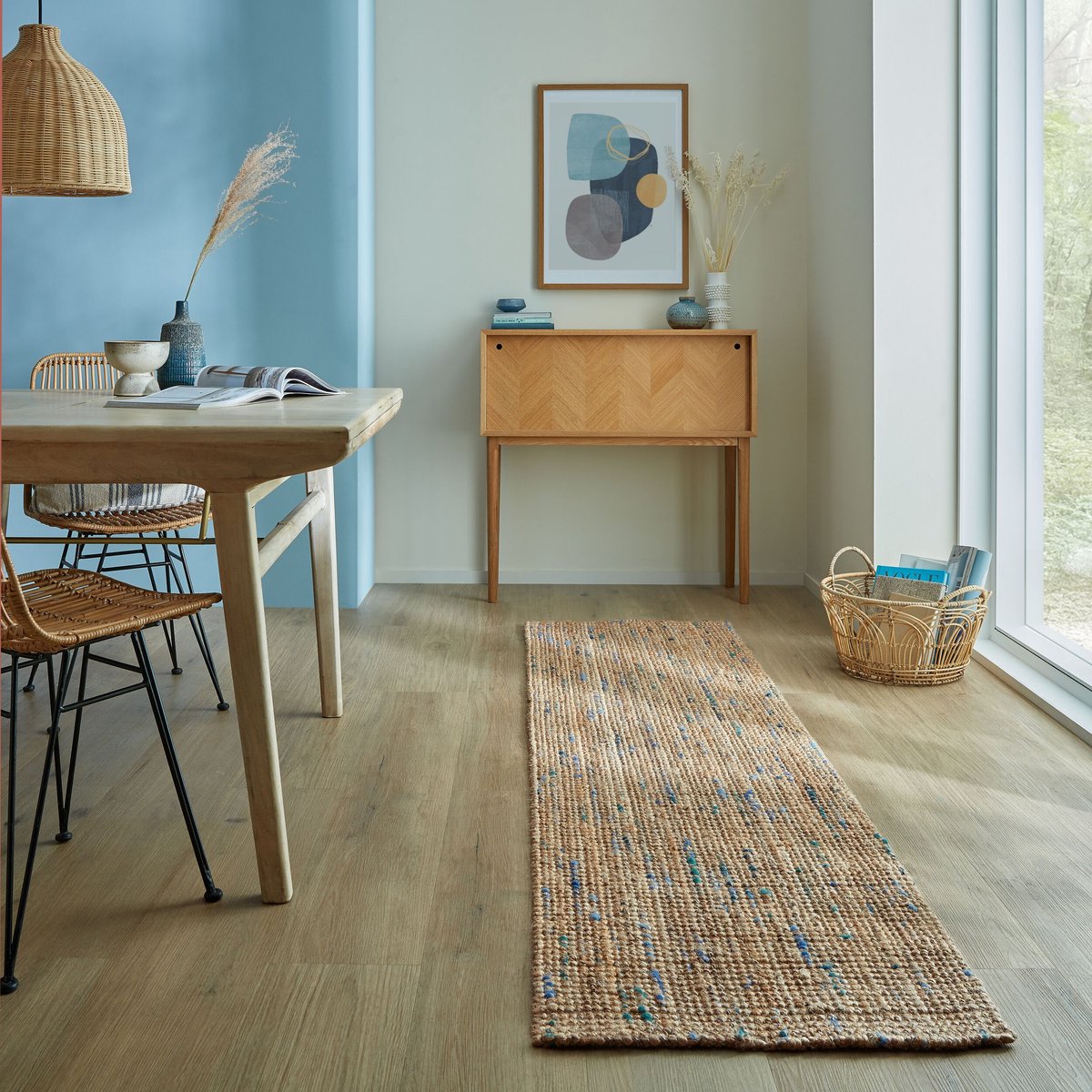 flycarpets Loper Jute Vloerkleed - Boucle Naturel / Blauw 67x200 cm