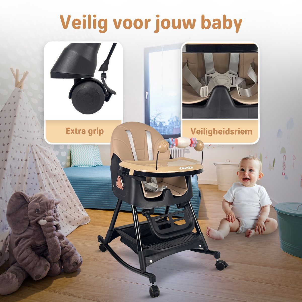 Twinky® Kinderstoel SWING – 3-in-1 Kinderstoeltje Set met Schommel – Inklapbare Eetstoel & Baby Wagentje en Babystoel Voor Aan Tafel – Kinderzetel, Peuterstoeltje en Meegroeistoel in 1 — afbeelding 7