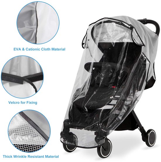 Housse de pluie transparente avec détails sur le matériau EVA & Cationic Cloth et bande velcro de fixation.