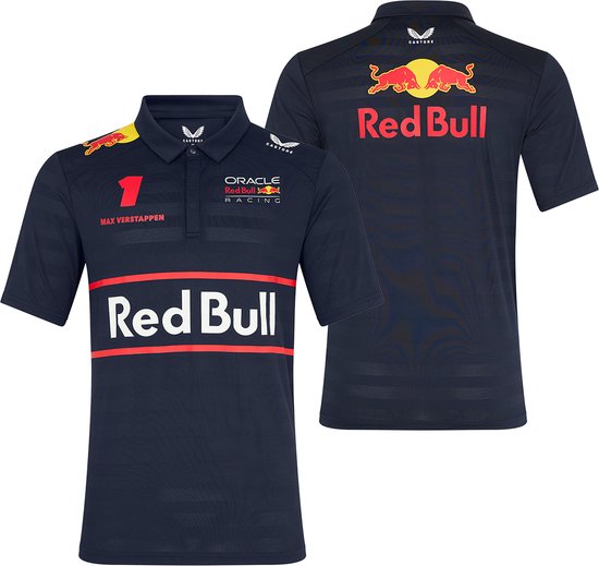Set van donkerblauwe polo's, met rode 'Red Bull' en Max Verstappen logo's.