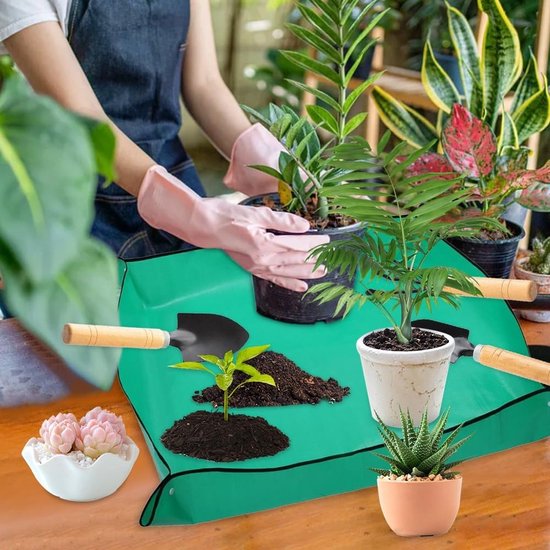 Lot de 2 tapis de plantation, 100 x 100 cm, tapis de jardin imperméable, tapis de plantation avec 3 pelles de jardin, gants et attaches pour plantes, tapis de plantation pliable pour rempotage, plantes succulentes, semis
