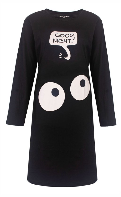 Tunique de nuit noire Temptation à manches longues, avec une bulle blanche disant "GOOD NIGHT!" et de grands yeux blancs.
