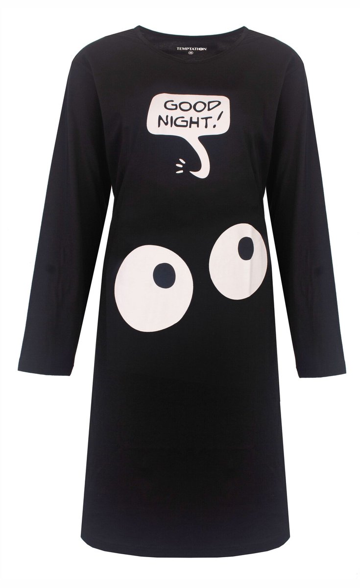 Temptation Dames Nachthemd - Bigshirt - Lange Mouw - Zwart
