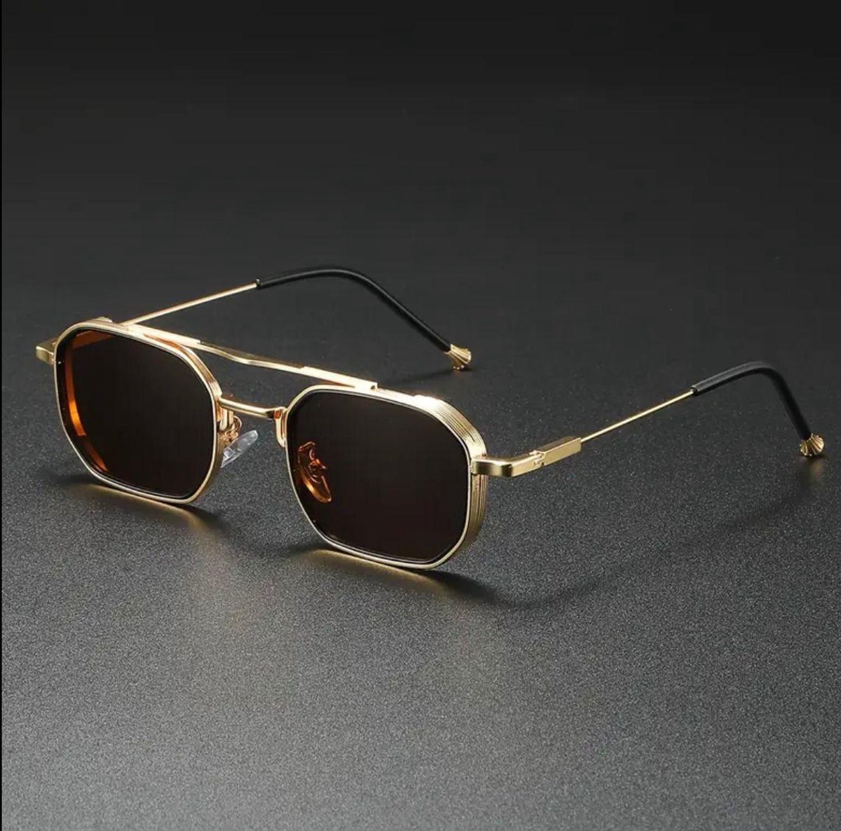 Vintage Square Zonnebril Goud Bruin Stijlvol & Duurzaam RVS Luxe Brillenkoker