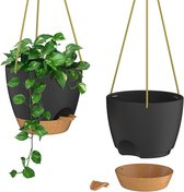 Plantenhangers - Plantenbakken - Plant Potten - Hang Pot - Tuinornamenten Bloempotten - 2 Stuks - Bak - Drainagegaten - Verwijderbare Schotel - Zelf Water Gevende - voor Binnen - Buiten - Kunststof - Ronde - 25x25x74cm - Zwart