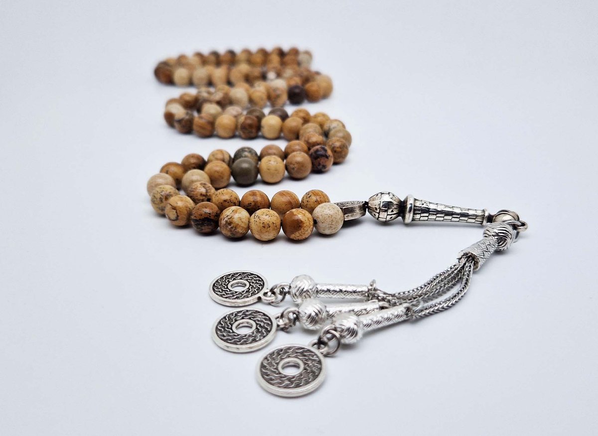 Handgemaakte tesbih "Tasbih" natuursteen "Picture Jasper" - Aantal kralen 99 - Diameter kralen 8MM - met metaal tassel "Omarmen" - Een mooi cadeau-idee