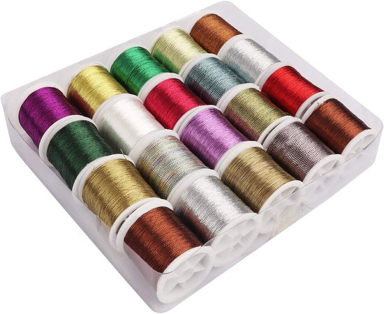 Kurtzy 20 Stuks Metallic Polyester Borduurgaren - 40 m Geassorteerde Kleuren Glittergaren met Spoel - Strengen Voor Naaimachine, Vriendschapsarmbanden, Kruissteek en Doe-het-zelf Kunst & Knutselen