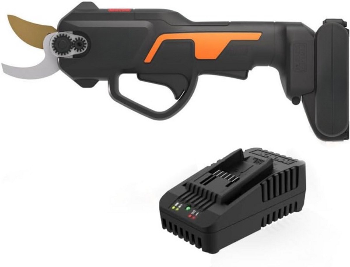 Accu Takkenschaar - Elektrische Snoeischaar - Bloemenschaar - 20 V - Moeiteloos Snijden - Ergonomisch en Compact - Borstelloze Motor - incl. 2 Ah Accu - Oplader - Zwart en Oranje