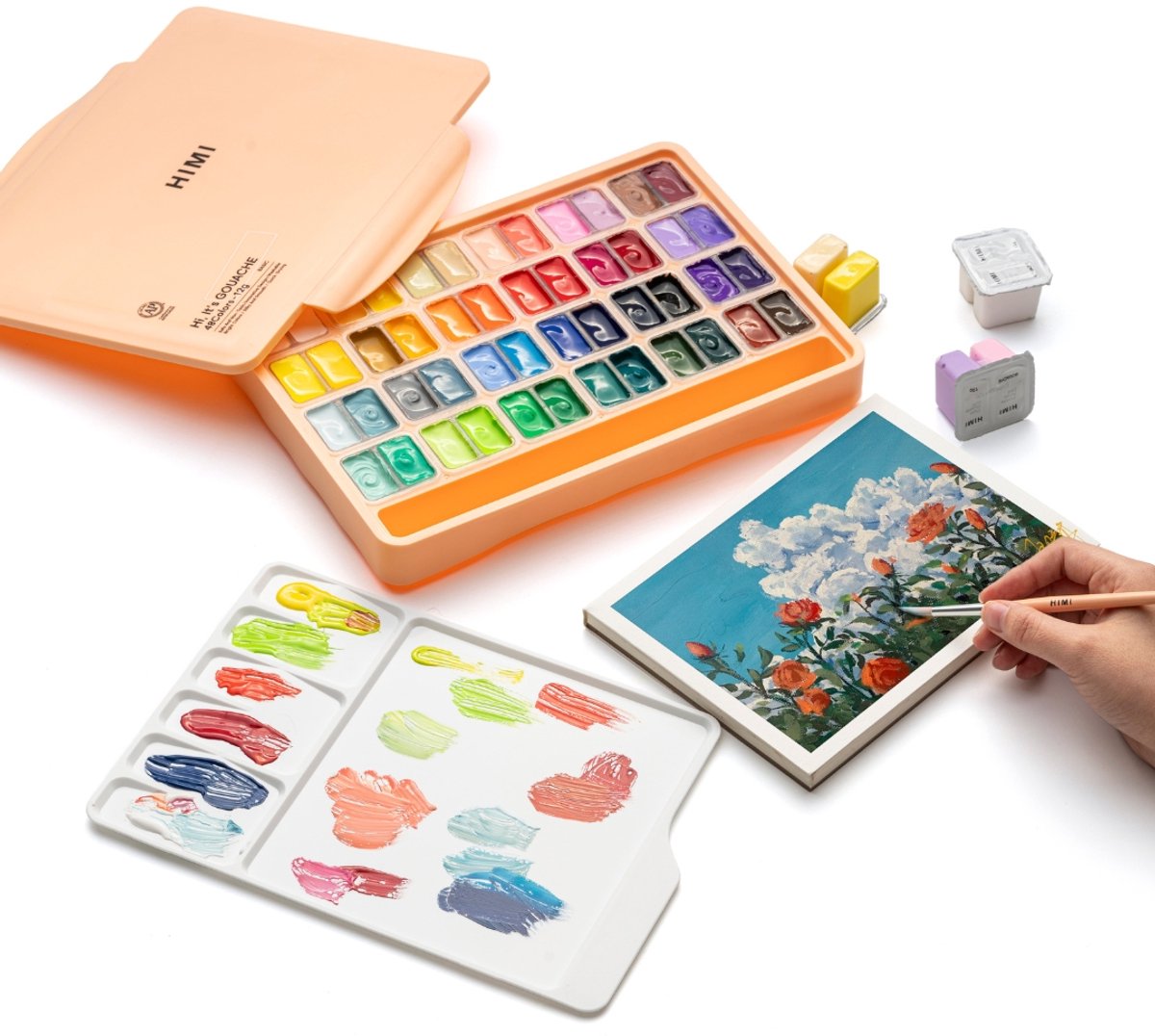 HIMI - Gouache - Twin split cups - set van 48 kleuren - 12g - 3 penselen - Peach Fuzz — afbeelding 7
