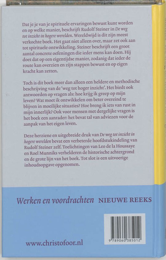 Achterkant van een boek met Nederlandse tekst over spirituele ervaringen en antroposofie. Titel van de reeks "Nieuwe Reeks".