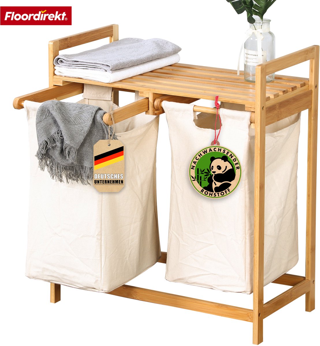FLOORDIREKT Dakota Wasmand van Bamboe - Wasverzamelaar met 2 Vakken - Wasmand voor Vuile Was - Houten Wassorteerder met grote wasbox