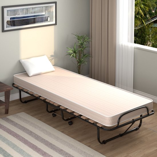 COSTWAY 190 x 80 cm logeerbed met matras, opvouwbaar eenpersoonsbed