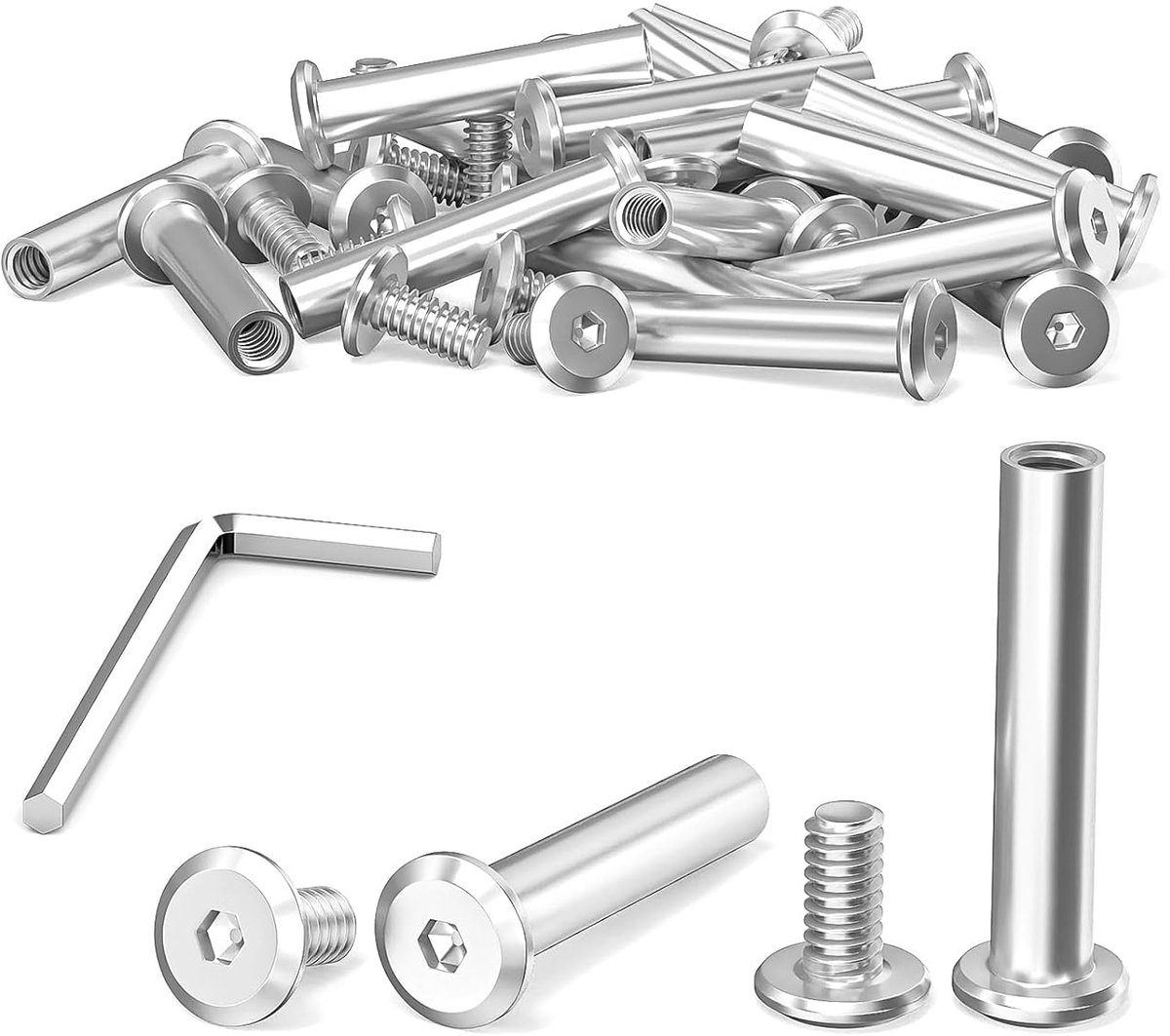 Famanu - 10 Stuks M4 x 25 mm verbindingsschroeven, meubelschroeven, kastverbinder, hulsschroeven, roestvrij staal A2 V2A, met inbussleutel voor meubels, kasten, houten planken