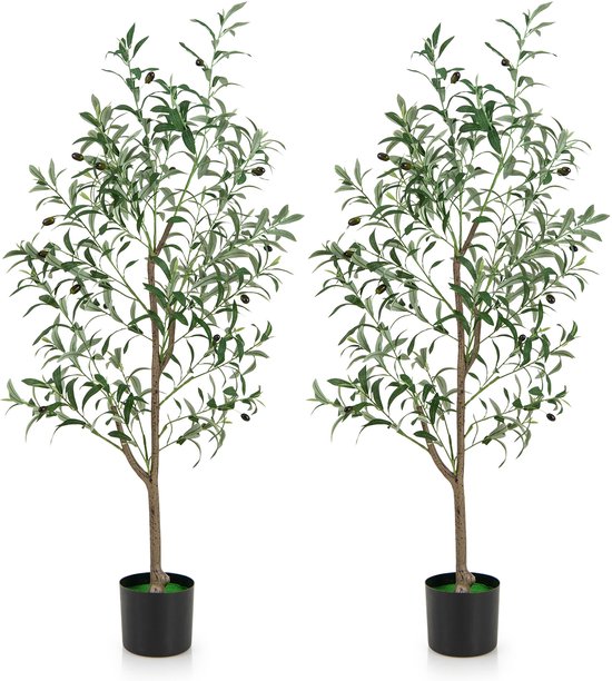 COSTWAY Set de 2 Oliviers Artificiels, Plante Artificielle 130 cm, Plante d'intérieur avec Pot en Ciment, Feuilles et Fruits Naturels, Arbre Artificiel pour Jardin, Bureau, Maison, Plantes Artificielles, Vert (2 pcs)