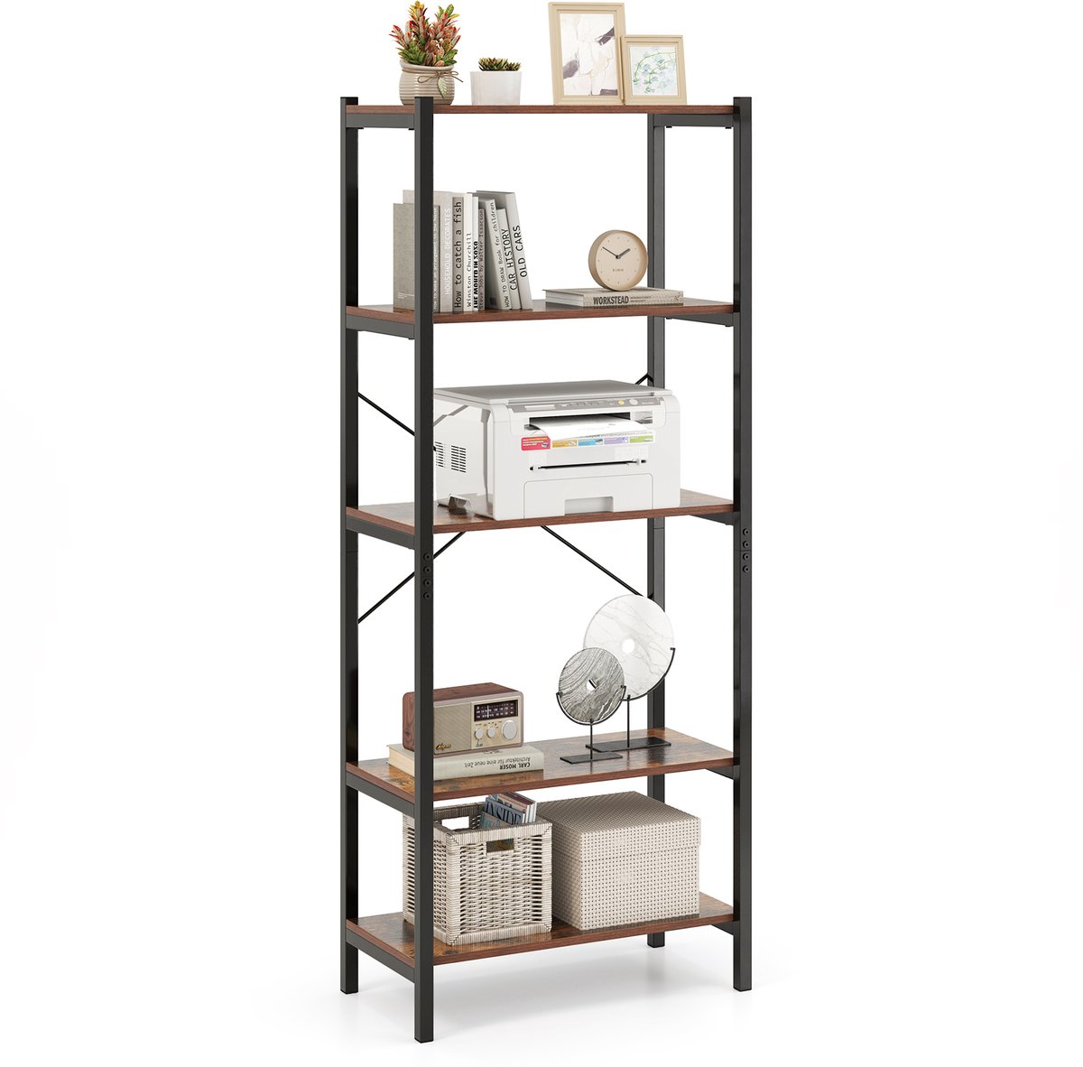 COSTWAY Boekenkast, 5 niveaus, industrieel rek van hout met metalen frame, vrijstaand, opbergrek voor woonkamer en slaapkamer, kantoor, 66 x 34 x 161 cm