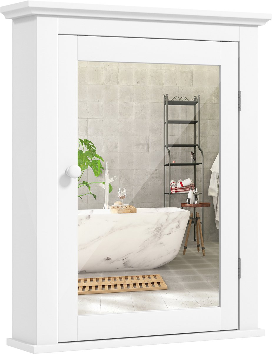 COSTWAY Spiegelkast, badkamer, wandkast met spiegel, badkamerspiegelkast, hangkast, houten badkamerspiegel met verstelbare plank, medicijnkast, multifunctionele kast (wit)