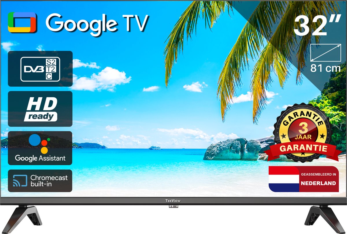 Bol.com Google Smart TV | TeeView 32 inch LED TV | Frameless design | In Eindhoven geassembleerd | TV32QHG-EU aanbieding