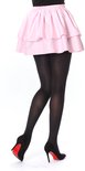 Damesbenen in zwarte panty's en zwarte pumps met rode zolen, met roze rok.