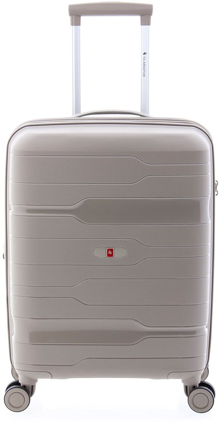 Beige koffer met ritssluiting en een uitschuifbaar handvat. De koffer heeft horizontale lijnen op de voorkant en een rood logo.