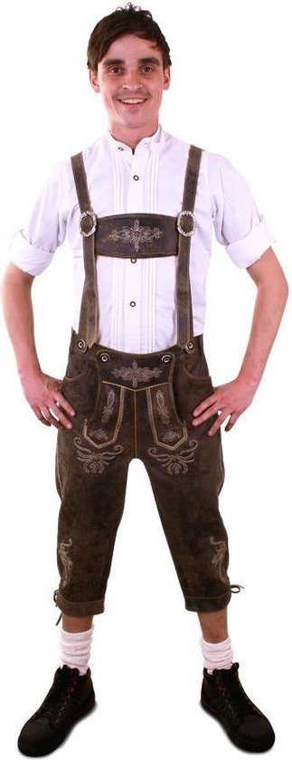Boeren Tirol & Oktoberfest Kostuum | Lederhose Bruin Deluxe Driekwart Met Bruine Borduursels Man | Maat 60 | Bierfeest | Verkleedkleding