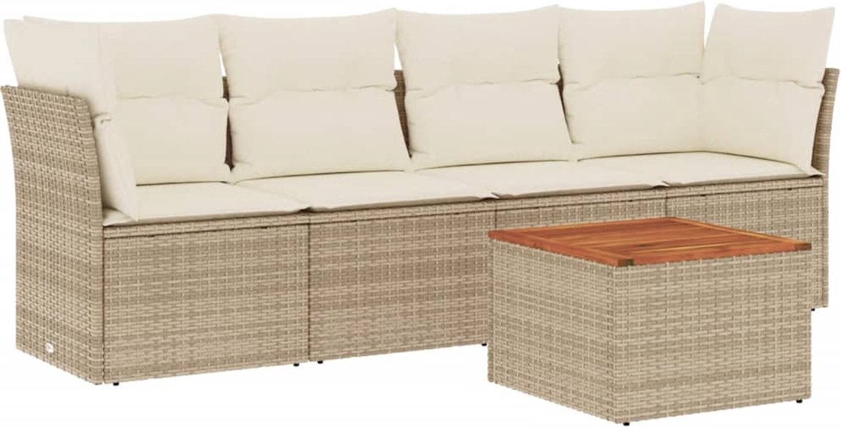 The Living Store 5-delige Loungeset met kussens poly rattan beige - Loungeset - Tuinlounge - Buitentijd - Lounge Set - Tuinmeubels