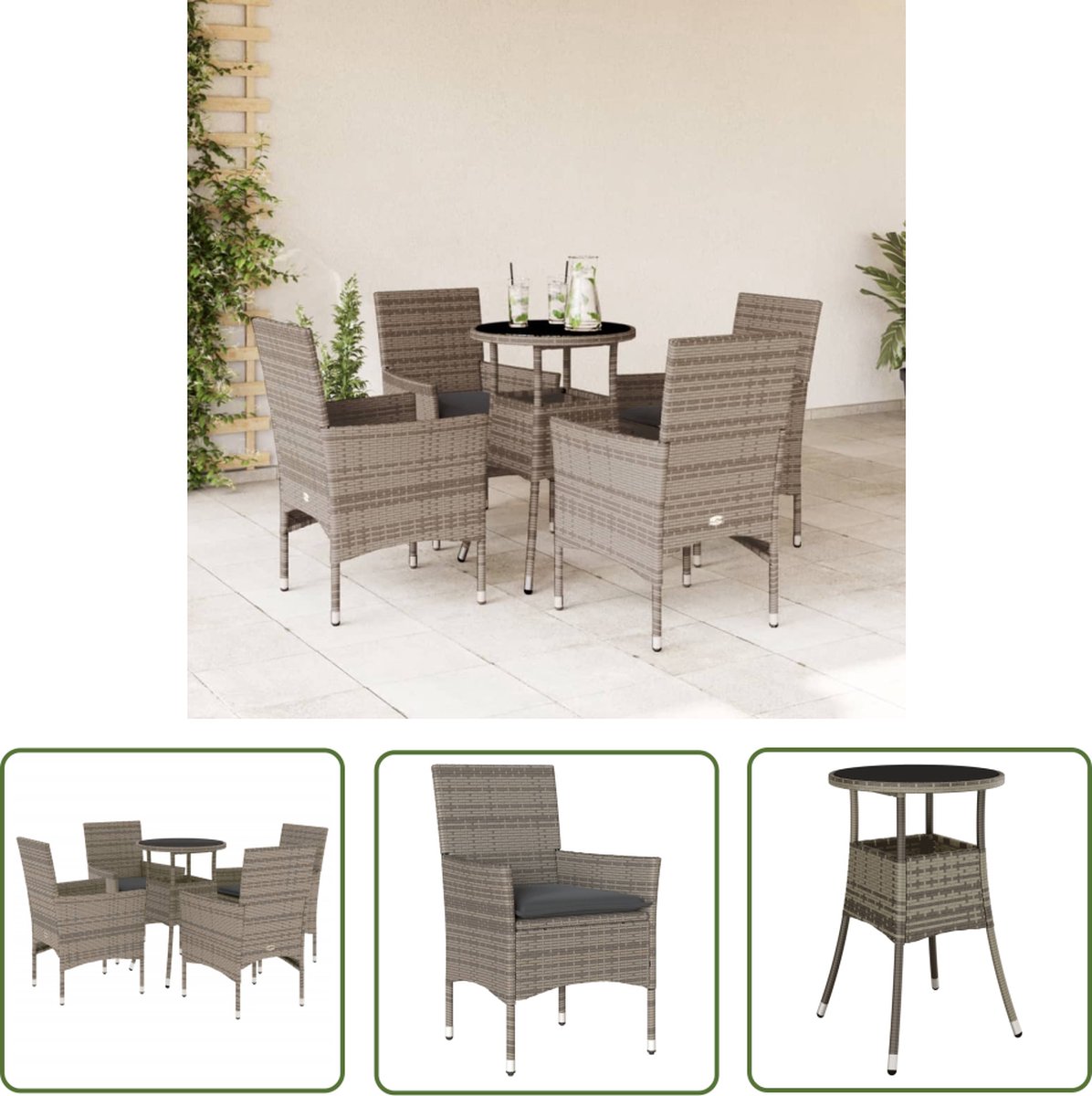 The Living Store 5-delige Tuinset met kussens poly rattan en glas grijs - Tuinmeubles - Set Tuinset - Eetkamerset - Buitenshuis Dineren - Patio Furniture