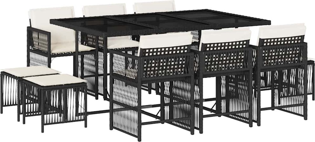 The Living Store 11-delige Tuinset met kussens poly rattan zwart - Tuinset - Eetkamerset - Buitentijd - Lounge Set - Poly Ratan