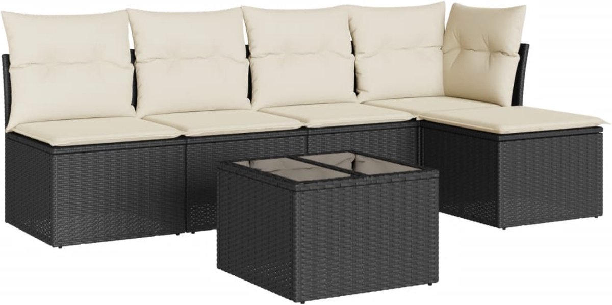 The Living Store 6-delige Loungeset met kussens poly rattan zwart - Loungebank - Lounge Set - Tuinstoel - Buitendecoratie - Outdoor Furniture