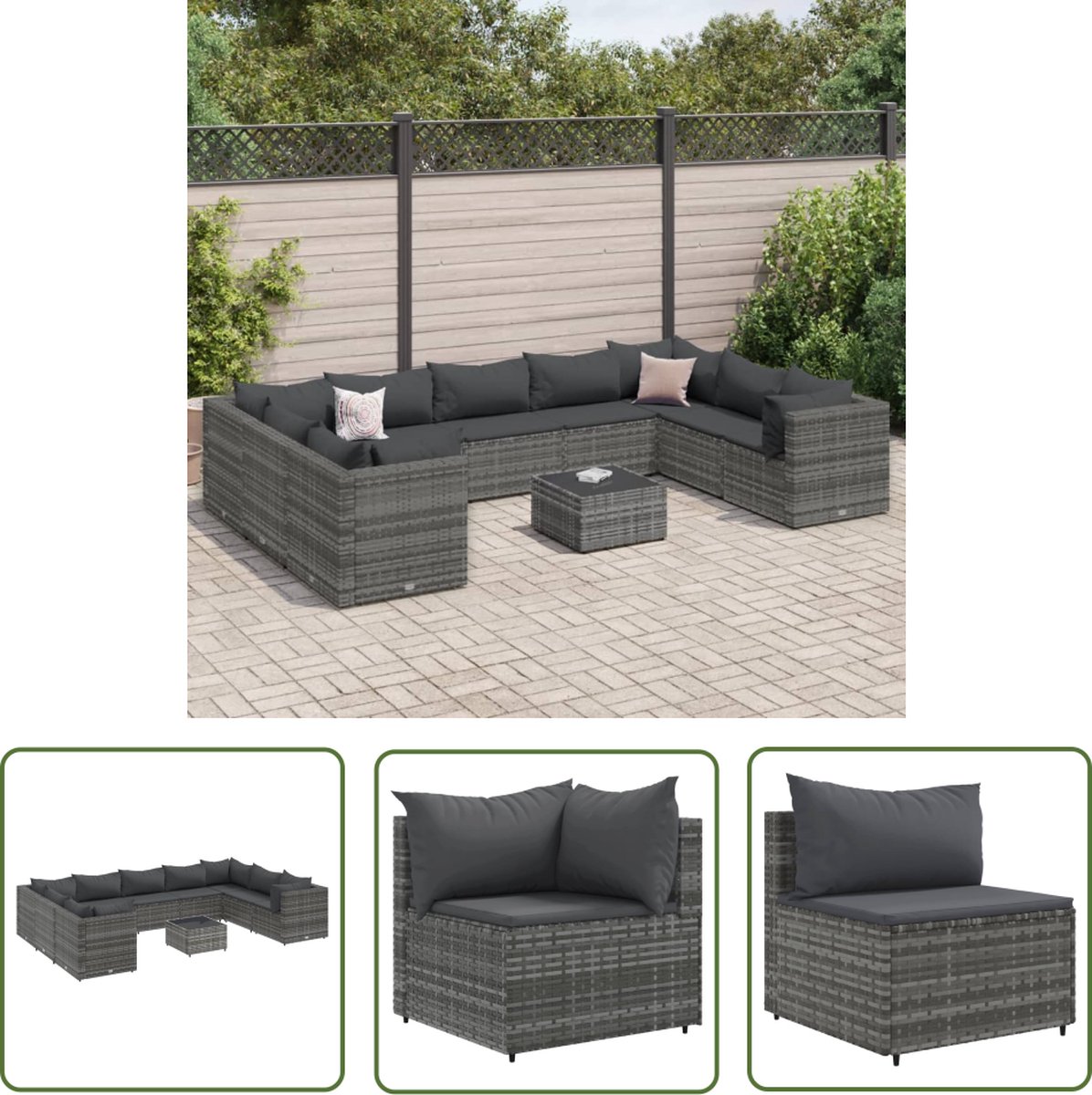 The Living Store 10-delige Loungeset met kussens poly rattan grijs - Loungebank - Lounge Set - Buitendecoratie - Tuinmeubels - Tuinlounge