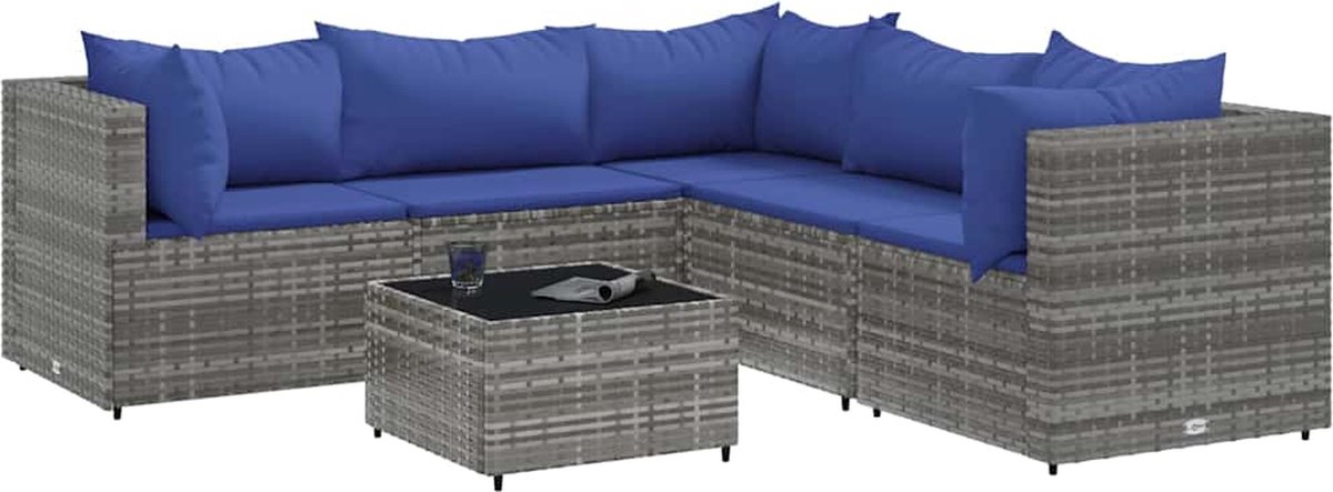 The Living Store 6-delige Loungeset met kussens poly rattan grijs - Loungeset - Lounge Set - Buitendecoratie - Tuinmeubels - Tuinlounge