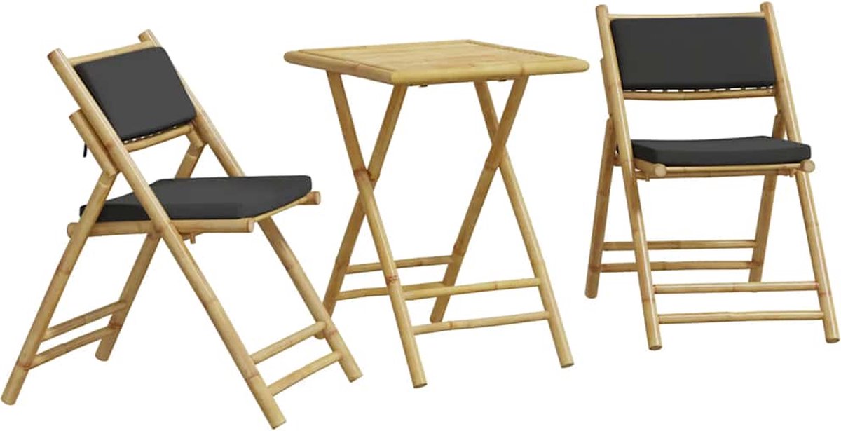 The Living Store 3-delige Bistroset inklapbaar met kussens bamboe donkergrijs - Bamboebistroset - Bistroset - Buitenshuis Eten - Tuinmeubel - Lounge Set