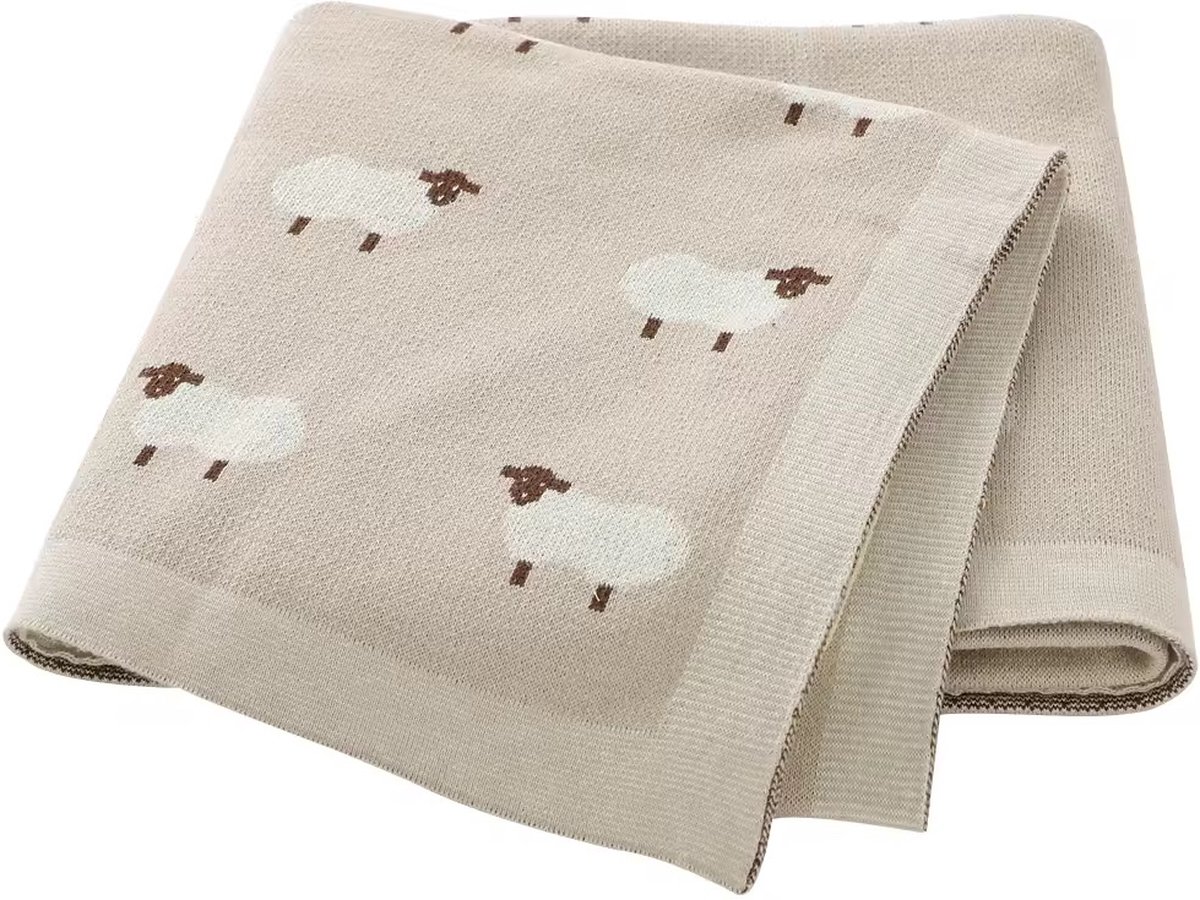 IL BAMBINI beige babydeken met schaapjes - 100% katoen extra zacht 100x80cm - Pluisvrije deken - babydekentjes voor wieg of ledikant - kraamcadeau