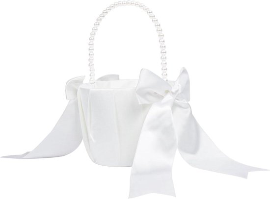 HANTURE Witte bloemenmeisjesmanden voor bruiloften Elegante satijnen trouwmand voor bloemenmeisjes met opvouwbaar handvat kanten strik collectie bloemenmeisje manden set van 2