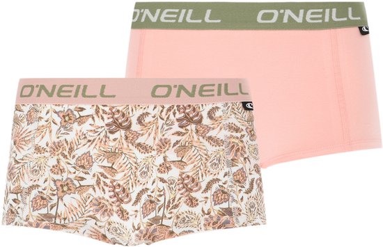 Twee O'Neill dames boxershorts: één effen roze, één met een gedetailleerde jungle paisley print. Beide met logo-elastiek.