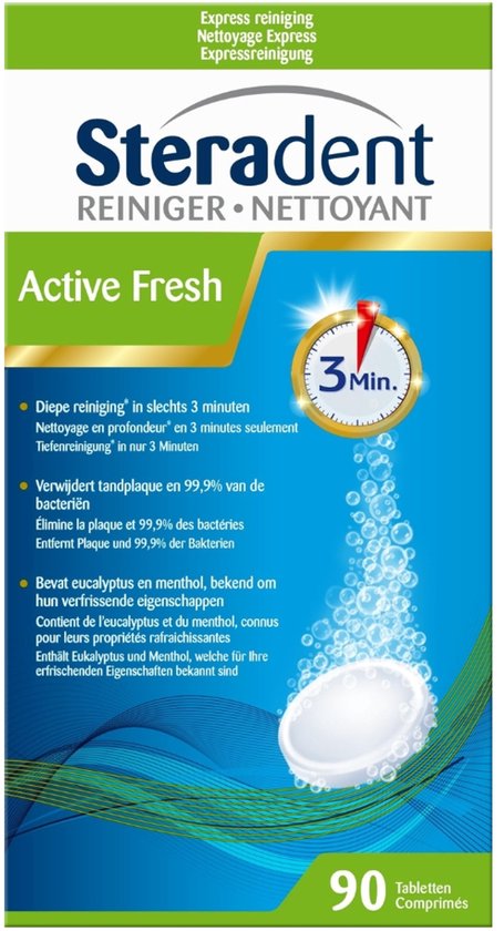 Steradent Active Fresh kunstgebitreiniger met 3 minuten reiniging, 90 tabletten met eucalyptus en menthol.