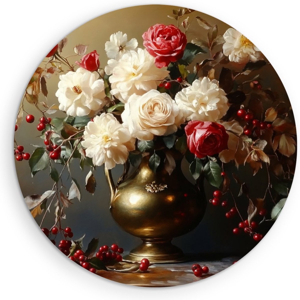 Saammp Forex Muurcirkel - Klassiek Bloemstuk met Rozen en Bessen - Stilleven - Natuur - Ø 50 - Wandcirkel - Wanddecoratie Cirkel - Luxe Woondecoratie - Romantisch Interieur