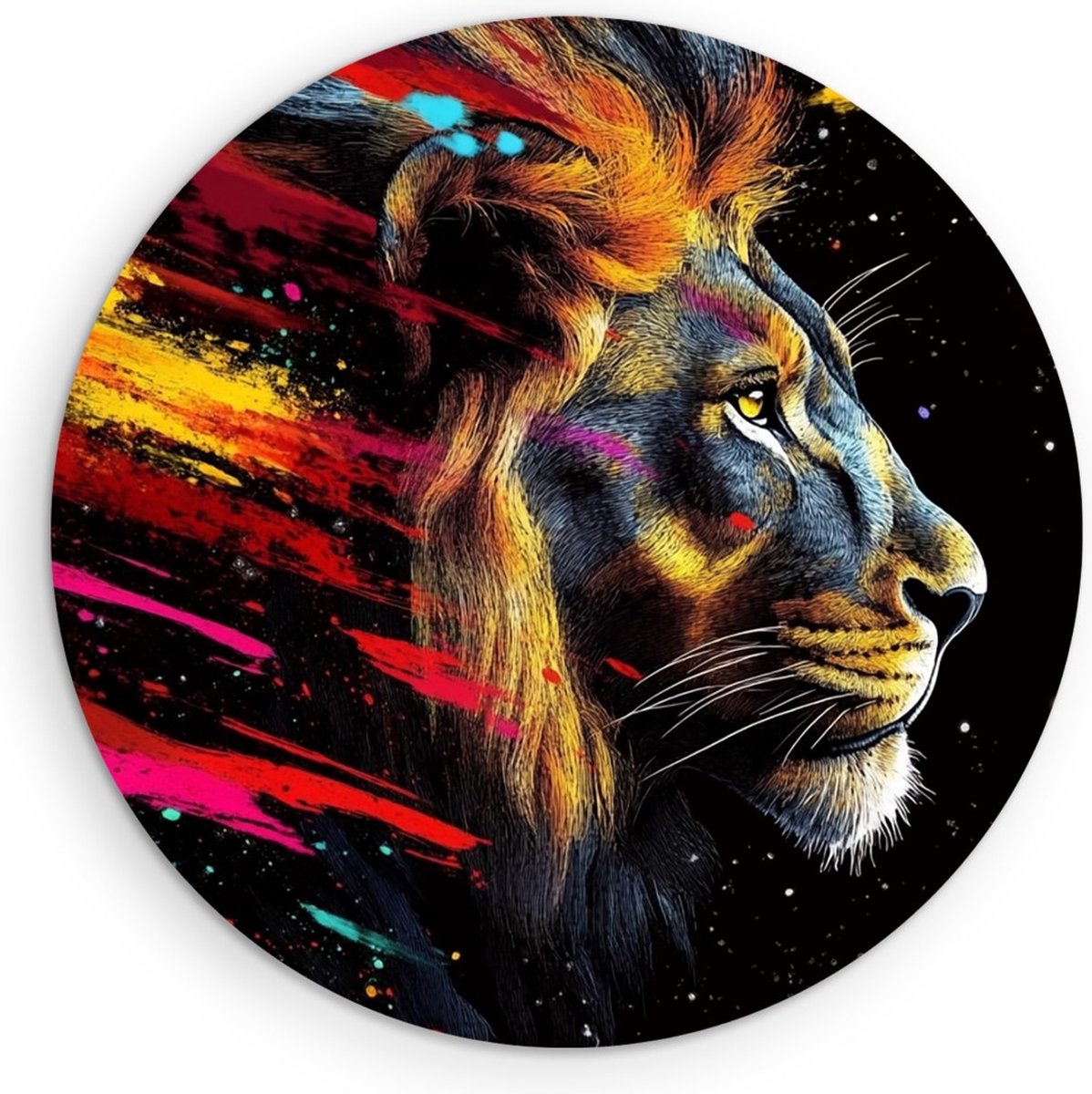 Saammp Forex Muurcirkel - Leeuw met verfspetters - Dieren - Abstract - Ø 50 - Wandcirkel - Wanddecoratie Cirkel - Muurdecoratie Woonkamer - Slaapkamer decoratie - Rond Schilderij