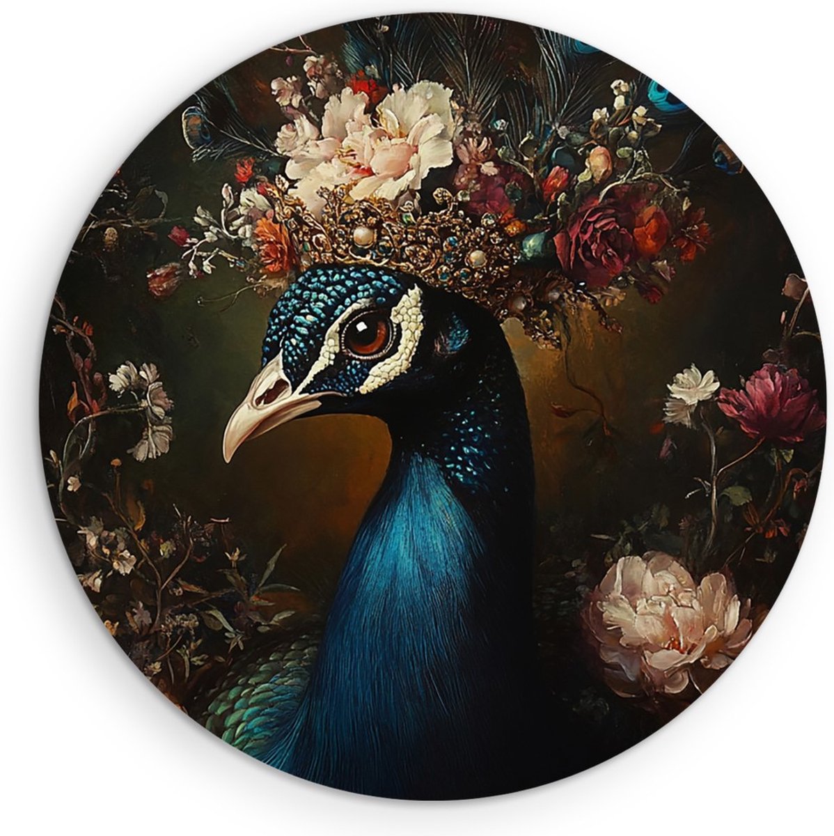 Saammp Muurcirkel Hout - Pauw met kroon - Bloemen - Dieren - Natuur - Ø 70 - Wandcirkel - Wanddecoratie Cirkel - muurdecoratie Woonkamer - Slaapkamer decoratie - Rond Schilderij