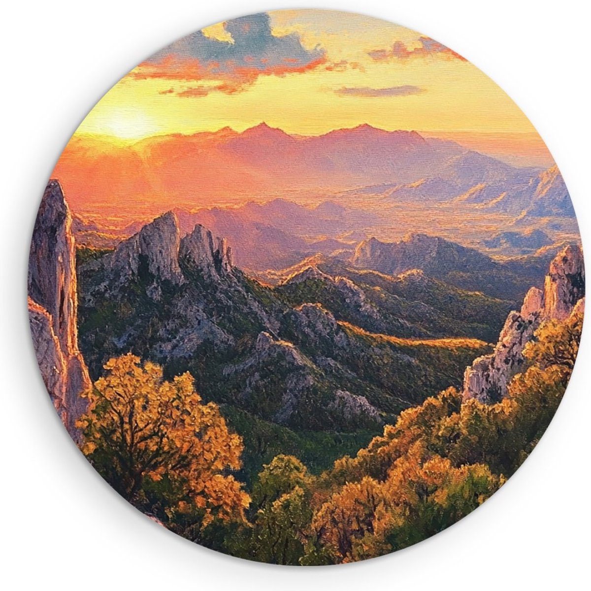 Saammp Forex Muurcirkel - Natuur - Bergtoppen met bomen - landschap - Ø 30 - Wandcirkel - Wanddecoratie Cirkel - Muurdecoratie Woonkamer - Slaapkamer decoratie - Rond Schilderij